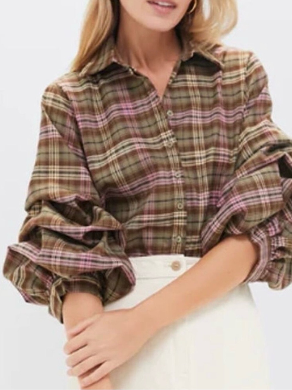 The Seville Shirt by Rochelle Behrens Green Plaid Ruched Sleeve Women XSmall